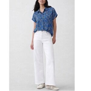 Alice Blue - Blue Floral Short Sleeve Button Down Blouse Shirt Top